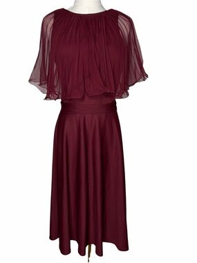 Vintage 70s Burgundy Red Chiffon Capelet Dress Formal Boho Witchy
